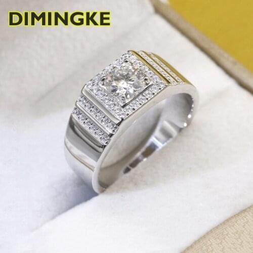 DIMINGKE Real 1CT 6.5MM Moissanite Men Wide Ring GRA Certificate 100%-S925 Sterling Silver High Jewelry