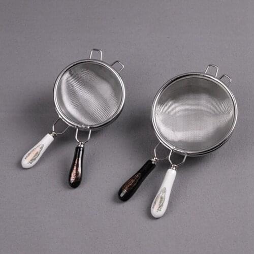 Vintage Tea Strainer Stainless Steel Dual Mesh Tea Filter Ceramic Handle Herbal Tea Infuser Reusable Gongfu Tea Accessories