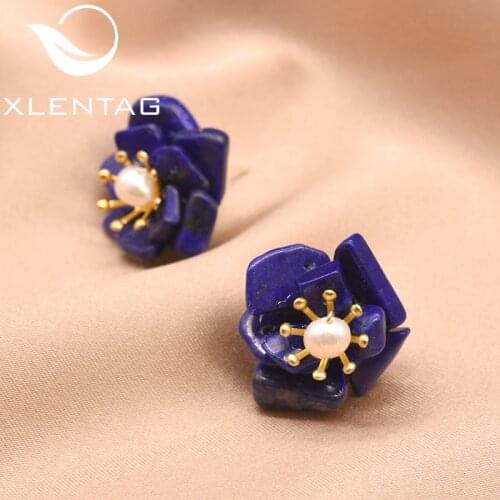 XlentAg Lapis Lazuli Stone Flower Earrings For Women Natural Fresh Water Pearl Stud Earrings For Party Silver 925 Jewelry GE0616