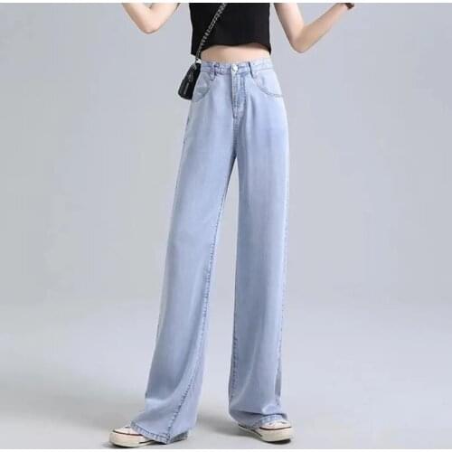 Ice Silk Straight Jeans Woman High Waist 2021 Summer Light Blue Thin Korean Fashion Tencel Wide Legs Jean Femme Denim Pants 286