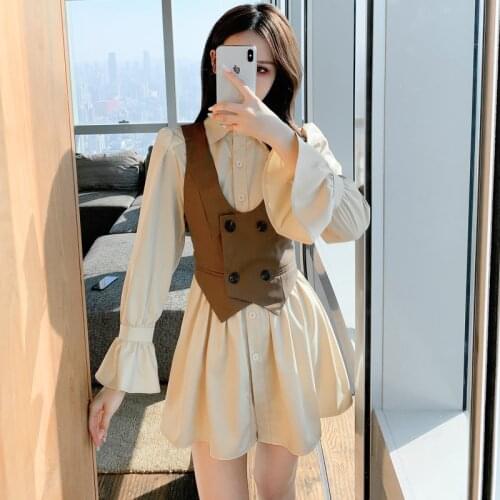 New Korean Fashion Vestidos Women Sweet Two Piece Sets Long Shirt Dress + Khaki Strap Mini Double breasted Vest Suits Outfits