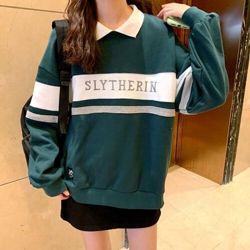 Polo Collar Stitching Sweatshirt Women Contrast Color Fake Two-piece Green Coat Letter Harajuku Print Pullover Female White Tops