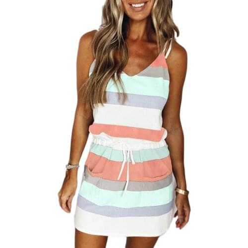 Women Tie-Up Strap Sleeveless Stripe Print Belted Waist Slim V-Neck Sling Dress