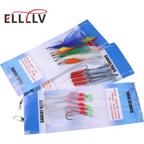 10 Bags/lot #1/0 Sea Fishing Sabiki Rigs Feather Head/ Tinsel Tube/Flash Skin High Carbon Steel Jigging Hook Lure For Herring