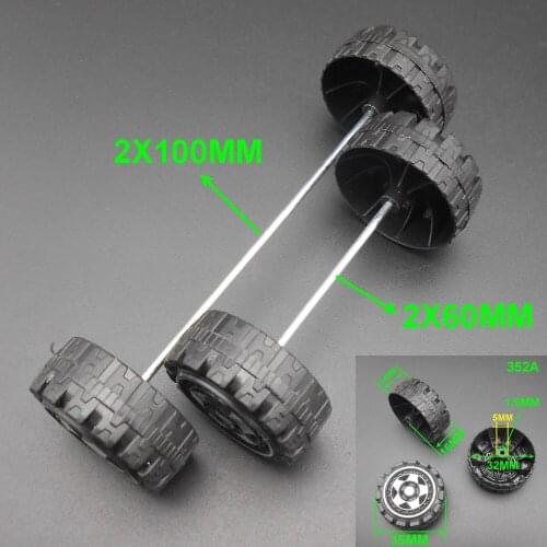 4Pcs Wheel + 2Pcs Axle 352A Coarse Plastic Toy Wheels Models Black With Silver 35MM Aperture 2MM 1.95MM + 2X60MM Or 2X100MM Axle
