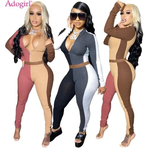 Adogirl Color Patchwork Ribbed Two Piece Set Long Sleeve Zipper Shirt Crop Top Pencil Pants Fashion Tracksuit Jogger Outfits