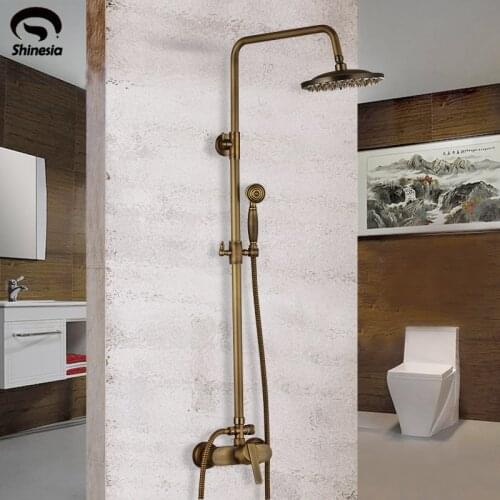 Shinesia Antique Brass Bathroom Shower Set Faucet Bathroom Hot and Cold Mixer Tap 8" Rainfall head Single Handles Wall Mounted