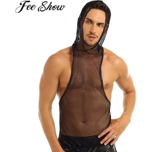 Black Men Fishnet See-through Stretchy Hooded Vest Tank Top Clubwear Undershirt Sleeveless Mesh Openwork Hooded Exotic Tank Tops