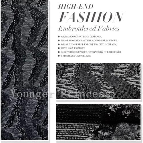 Black Classic design YG-736 best quality sequins embroidery tulle mesh lace for sawing bridal wedding dress 6 yards/lot