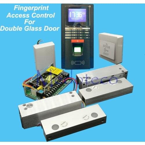 DIY Full Frameless Double Glass Door Access Control Kit Fingerprint Access Controller + Two Electric Bolt Lock + Power Supply