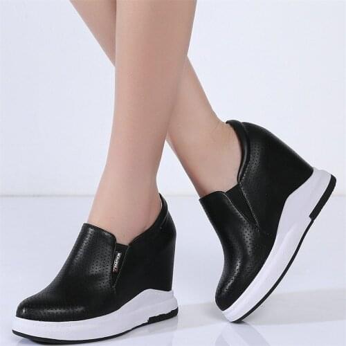Breathable Fashion Sneakers Women Genuine Leather Wedges High Heel Ankle Boots Female Round Toe Platform Pumps Shoe Casual Shoes