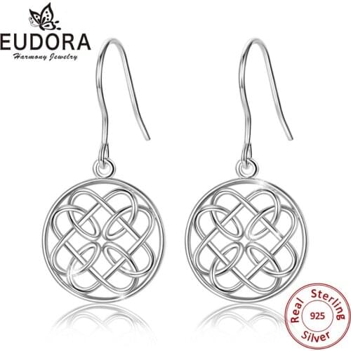 EUDORA Real Pure 925 Sterling Silver Celtic Knot Round drop Earring Unique love knot Earring Women Fine Jewelry Party Gift E13