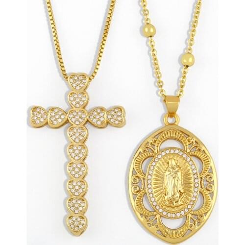 FLOLA Gold Chain Virgin Mary Necklace For Women White Stone Cross Pendant Necklace Crystal Jewelry virgen de guadalupe nkes52