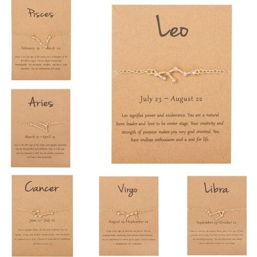 Cardboard Star Zodiac Sign 12 Constellation Bracelets Shiny Crystal Gold Chain Charm Bracelet for Women Birthday Jewelry Gift