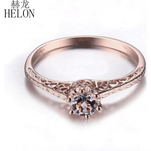 HELON Solid 10K Rose Gold Round 4.5mm Genuine Morganite Engagement Wedding Ring Women Classic Vintage Fine Jewelry Rings