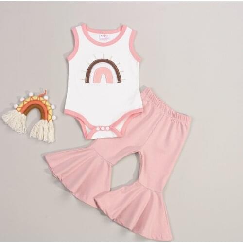 FOCUSNORM 0-24M Summer Baby Girls Clothes Sets 2pcs Rainbow Printed Sleeveless Romper Tops Elastic Flare Pants