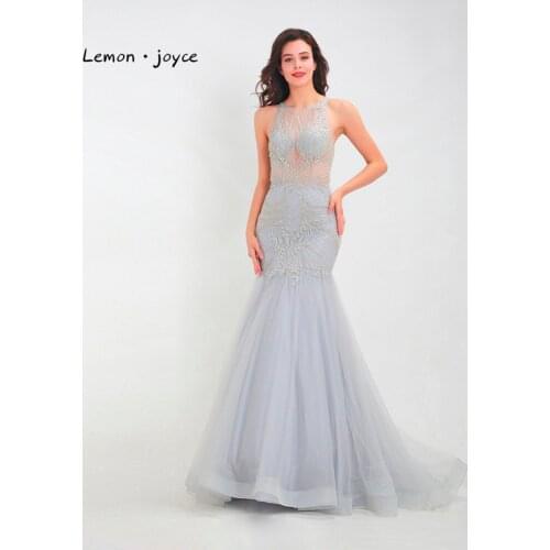 Lemon joyce Formal Evening Dresses Mermaid Long 2020 Luxury O-neck Sleeveless Beading Illusion Floor length Party Gown Plus Size