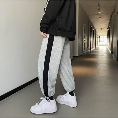 2019 Spring Summer New Fashion Tide Male Loose Quality Cotton Harajuku Striped Student Sports Casual Trousers