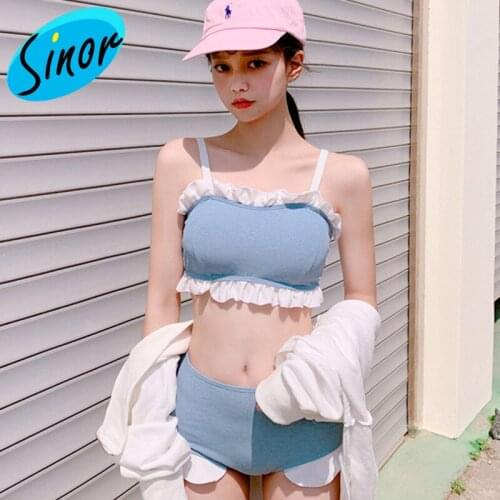 Korean New Swimsuit Girl Hipster Blue Braces in White Wooden Ear Split Conservative Swimsuit Women