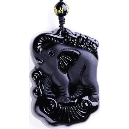 JoursNeige Natural Stone Obsidian Pendant Bead Necklace Black A Carved Elephant Fine Carving Polishing Lucky for Men Women