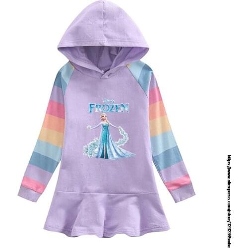 Disney Girls Hoodie Dress New Frozen Elsa Dresses for Girls Cartoon Rainbow Childrens Dress Girl Casual Clothes