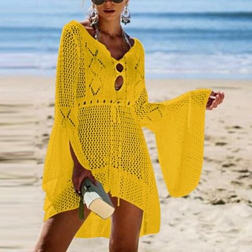 2021 Beach Cover Up Crochet Knitted Tassel Tie Beachwear Tunic Long Pareos Summer Swimsuit Cover Up Sexy See-through Beach Dress