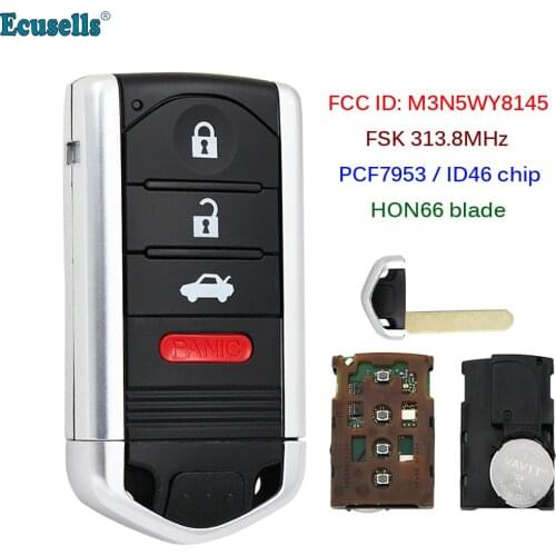 3+1/4 Button Smart Remote Key FSK 313.8MHz PCF7953 ID46 Chip for Acura ZDX 2010-2013 FCC ID: M3N5WY8145 HON66 Blade