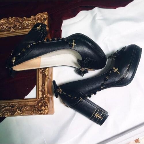 HAND MAKE Black Gothic Lolita Cosplay PEARL Shoes Platform Heel Lolita Shoes With BOW Princess Shoes TB1010