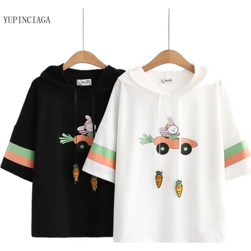Women Print Rabbit Short Sleeve Cotton Hooded Sweatshirt Hoodies 2021 Summer Harajuku Carrot Drawstring Teens Pullovers 2116899