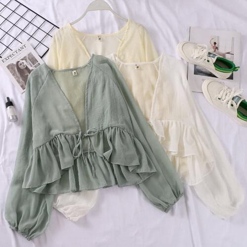 Women Summer Lantern Batwing Sleeve Korean Chiffon Basic Shirt Ruffles Elegant Lady Office Cardigan Pullover Blouse Tops M07