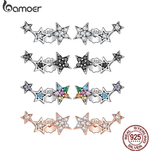 BAMOER Colorful Five-Pointed Star 925 Sterling Silver Stud Earrings High Quality Fashion Jewelry for Women Valentines Day Gift