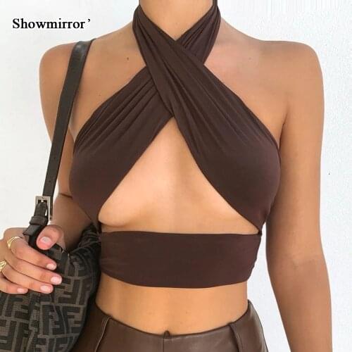 Showmirror Criss-Cross Halter Backless Cut Out Crop Top for Women Backless Top Summer Outfits Club Party Wrap Tops 33553