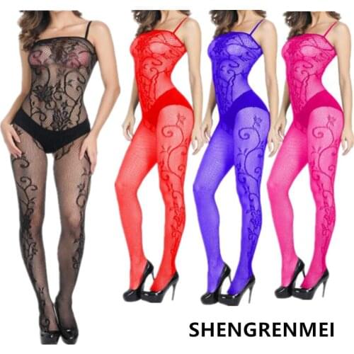 SHENGRENMEI Sexy Lingerie Women Jacquard Floral Underwear Open Crotch BodySuit Lady Sling Nightwear Blue Teddies Exotic Apparel