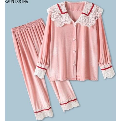 Gold Velvet Pajamas for Women Autumn Winter Warm Sleepwear Long Sleeve Tops Trousers Soft Homewear Ladies Lace Pijama Night Suit