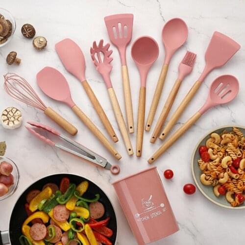 11pcs Silicone Cooking Utensils Set Non-stick Spatula Shovel Wooden Handle Cooking Tools Set Kitchen Tools