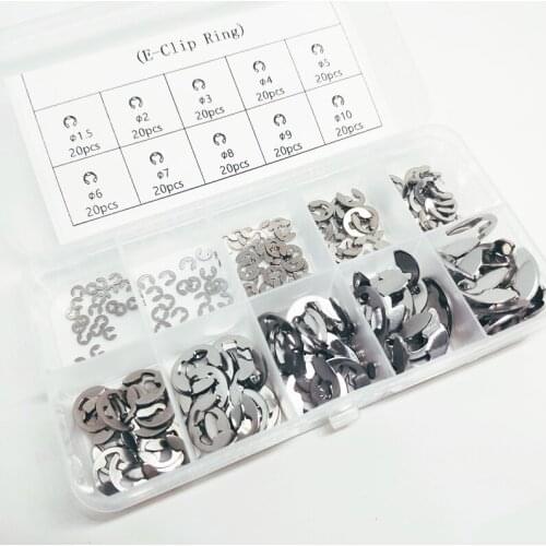 200pcs/set 304 Stainless steel E Clip washer Assortment kit circlip retaining ring for shaft fastener M1.5-M10