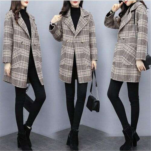 2020 Fashion Spring Autumn Womens Wool Plaid Coat New Fashion Long Woolen Coat Slim Type Female Winter Wool Jackets Female Outw