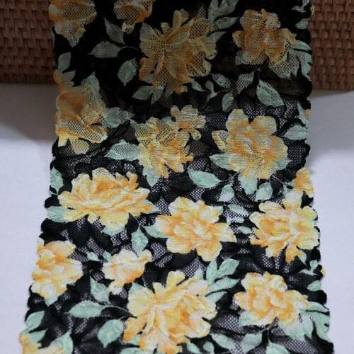 3 Yards 18.5 CM Wide Yellow Floral Printed Elastic Lace Trim Black For Bra Lingerie Sewing Clothes Stretch Fabrics Accessories