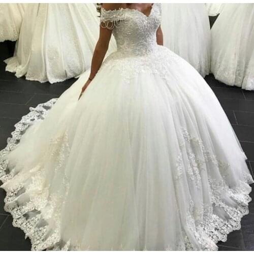 Ball Gowns Lace Princess Wedding Dresses Backless Off Shoulder Appliques Country Style Bridal Gowns Elegant Vestidoe De Noiva