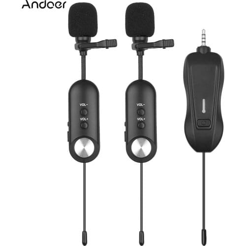 Wireless Microphone System 2 Transmitters 1 Receiver 3.5mm Plug Rechargeable Lavalier Lapel Mic for Phone Camera Video Recording
