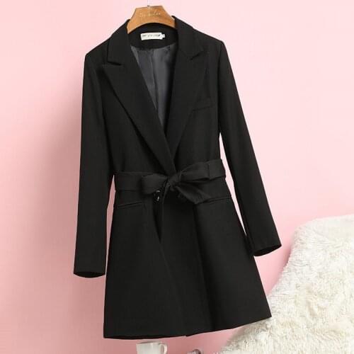Simple Black Mid-length Suit Jacket Female Spring Autumn 2021 New Straight Loose Office Ladies Blazers Overcoat With Belt e237