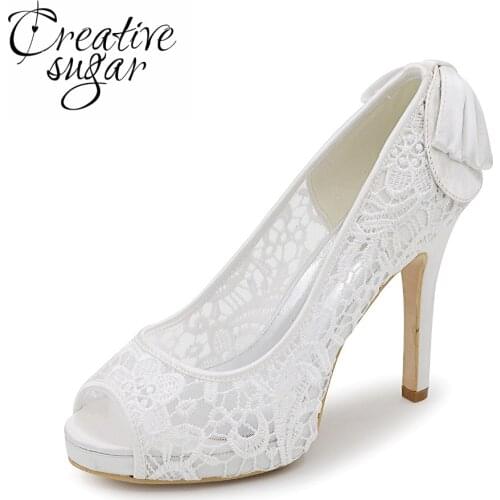 Creativesugar See through lace woman high heels pink black white ivory mesh dress shoes party wedding pumps open toe with bow