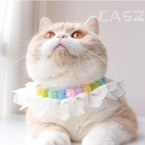 Colorful Plush Ball Lace Kitten Neckerchief Gauze Rainbow Cat Bows Organza Pet Necklace Bib Puppy Accessories British Shorthair