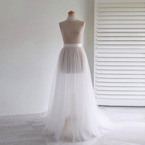 Cheap Skirts Maxi Floor Length 2 Layers Tulle Skirt Long White Saias mujer faldas Satin Band Zip a line Skirt Vintage