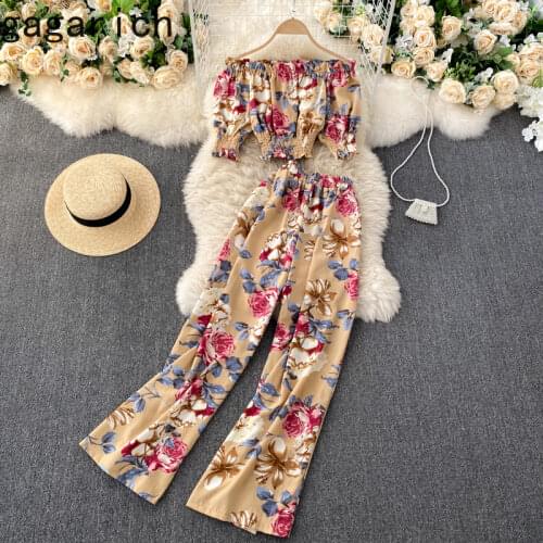 Gagarich Women Set 2021 Spring Autumn French Elegant Retro Female Vacation Style Printed One-Shoulder Shirts High Waist Pants