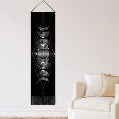 Seven Chakras Paintings Black and White Lunar Eclipse Decor Cloth Tapestry Bohemian Living Room Hanging Tassel Scroll Painting