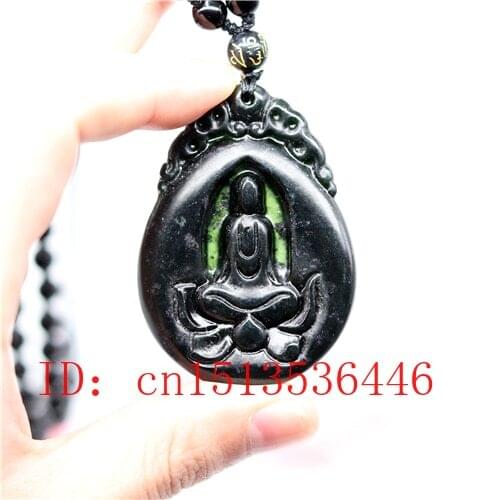 Chinese Black Green Jade Guanyin Pendant Natural Hand Carving Necklace Fashion Amulet Luck Gifts Men Sweater Chain