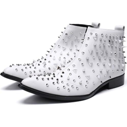 Classic fashion white studded ankle boots men rivets zipper pointed toe botas militares genuine leather army chelsea boots men