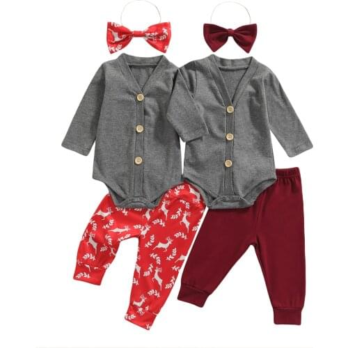 Infant Baby Boys Three-piece Clothes Set, Solid Color V-neck Romper, Pants and Bow Tie, Red/ Wine Red