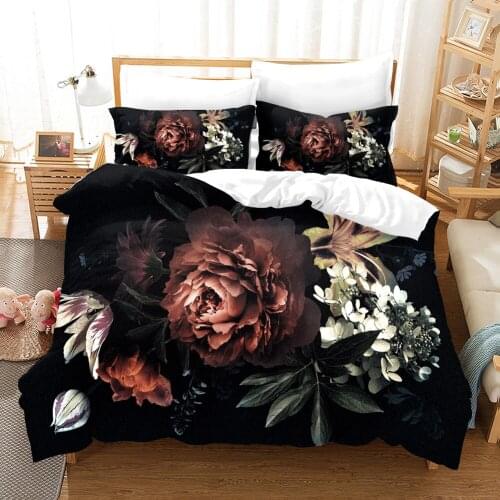 Colorful Flower Bedding Set Floral Red Black Comforter 3D Print Luxury Duvet Cover Set Home Textile Decor Queen King Single Size